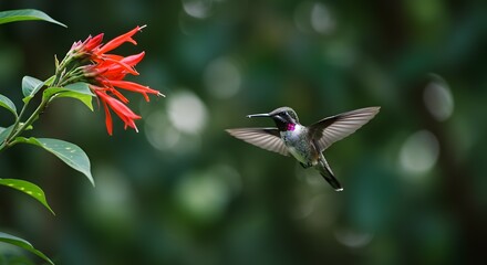 Obraz premium Hummingbird in Flight Hovering Near Vibrant Red Flower in Lush Green Nature Photography