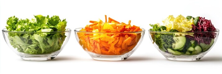 Three glass bowls of chopped vegetables, likely salad ingredients
