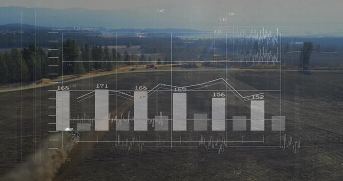 White tractor plowing along field-edge dust trail as charts fading in updating graphs showing yield