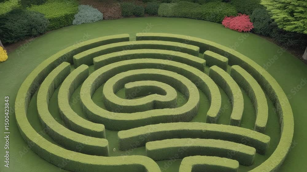 Poster top view of a circular hedge maze slowly rotating clockwise, surrounded by a perfectly mown lawn and