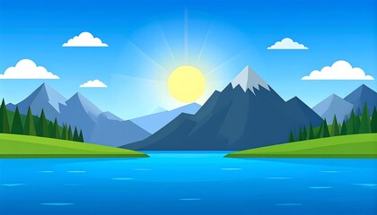 Sunny Mountain Lake Landscape.