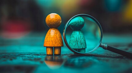 Wooden Figurine and Magnifying Glass Reveal Self Discovery and Identity Exploration