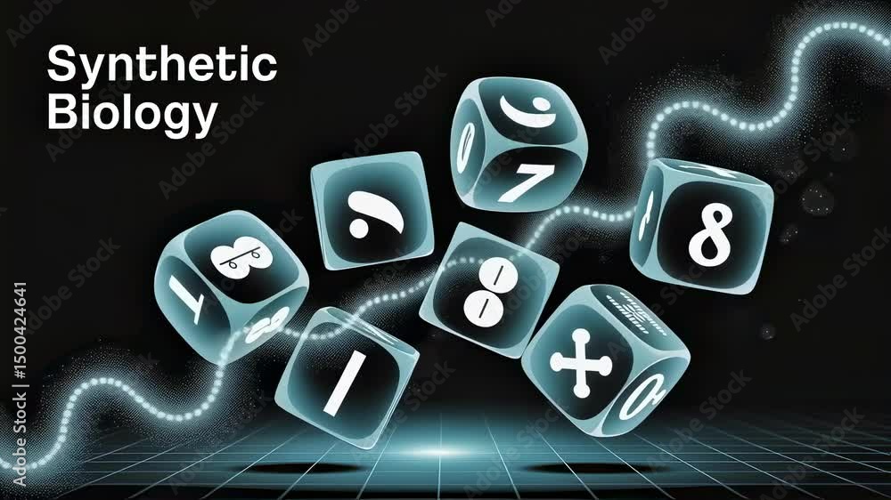Poster translucent glowing cubes with numeric data and molecular symbols hovering over dark technological g