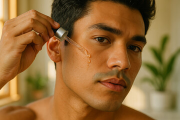 Young man applying serum on face with dropper for skincare routine