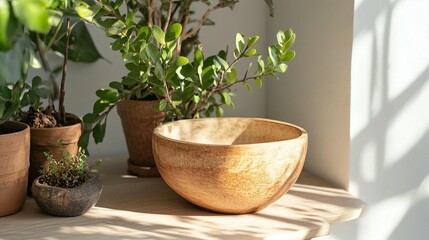 Sunlit Wooden Bowl & Houseplants