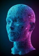 3D Rendered Digital Head Profile with Blue and Purple Circuitry