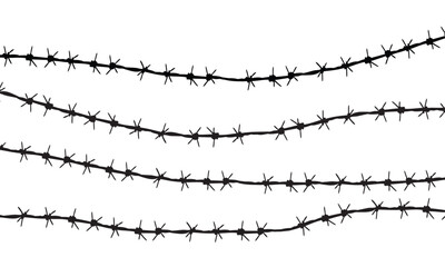 dynamic black barbed wire strands intertwine in sharp silhouette against a clean white backdrop. Menacing spikes and undulating curves evoke themes of confinement, security, or peril. Minimalist