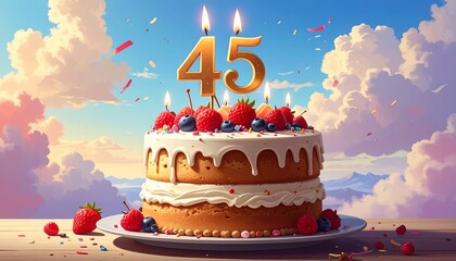 45 years. Birthday Anniversary Sweet Cake. An anniversary greeting card or banner