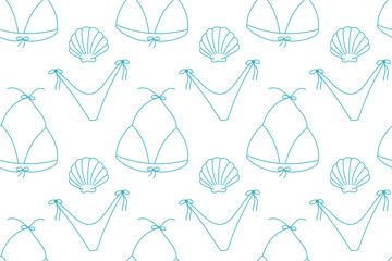 Seamless linear pattern with outline bikinis and seashells on a transparent background. Light and minimal summer design perfect for fashion, digital, or textile use.

