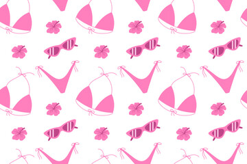 Seamless pattern with bikinis, sunglasses, and hibiscus flowers in a stylish pink tropical style. Perfect for summer designs, fabrics, and beachwear prints.

