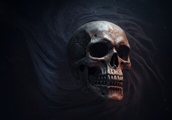 3D Skull with Abstract Smoke and Dust in a Dark Background