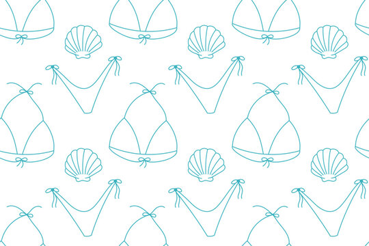 Seamless linear pattern with outline bikinis and seashells on a transparent background. Light and minimal summer design perfect for fashion, digital, or textile use.

