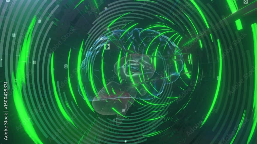 Aufkleber dark field initiating 3d brain emerging with green rings rotating and beam scanning for analysis