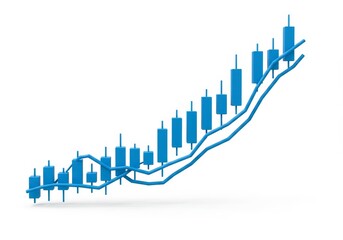 Abstract 3D Illustration Of Growing Blue Candlestick Chart Over White Background