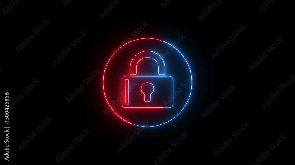 Poster security and protection represented by lock icon. animated neon lock icon representing security and 