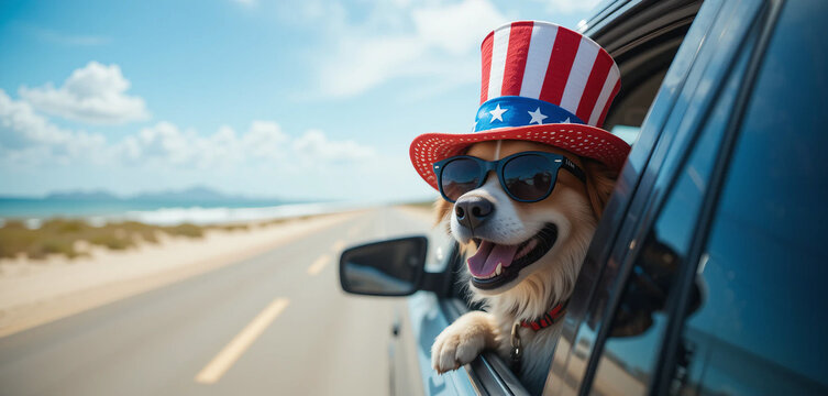 Cute and happy dog ​​looking out of the window of a car running on a beach road wearing an American flag hat and sunglasses summer vacation animal lover design Independence da 4th of july patriotic ho