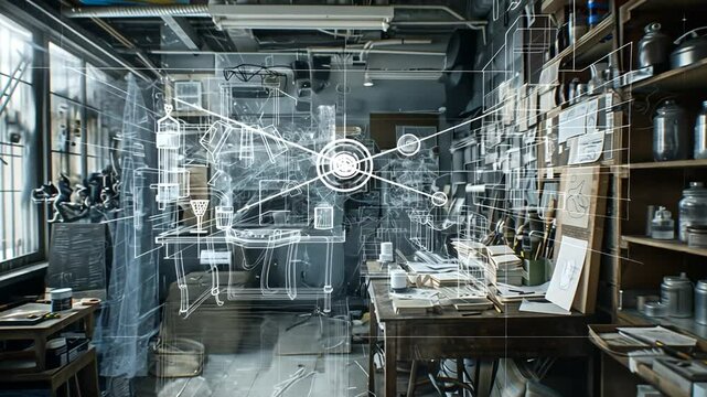 A creative workshop filled with tools and materials, showcasing a blend of artistry and innovation