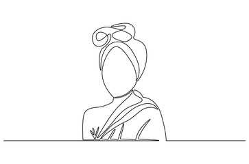 Continuous one line drawing of Beautiful woman with towel. Single line drawing illustration of Sensual woman with towel on head. International Beauty day concept vector art. Doodle line illustration.