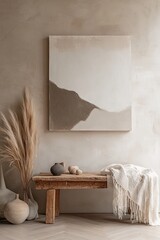 Neutral-toned, minimalist room decor with a large abstract painting and wooden bench