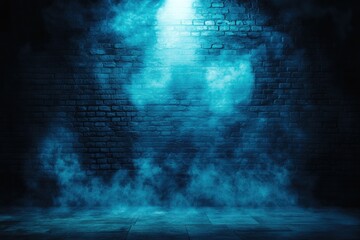 Naklejka premium Dark room with blue smoke and brick wall. A spotlight illuminates the center