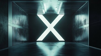 Grungy, metallic corridor with a luminous, large 'X' centered on the far wall, reflecting on a wet floor.  Teal and dark tones dominate