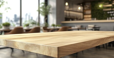 Empty light brown wooden table in a modern cafe. Blurry city view outside