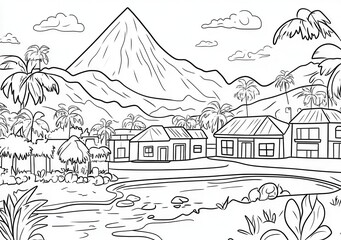 Paesaggio tropicale con vulcano, illustrazione in bianco e nero