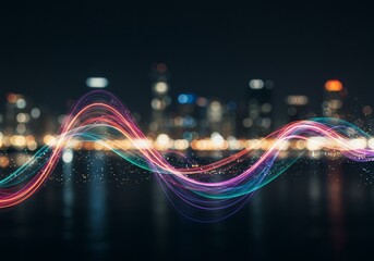Abstract Digital Wave Over City Skyline Photo with Bokeh Lights and Colors