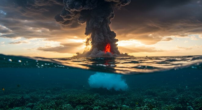 Volcanic Eruption Underwater Stunning Sunset Spectacle of Lava and Ocean - Powered by Adobe