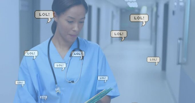 Nurse walking corridor while flipping file folders reviewing records, causing LOL bubbles swirling