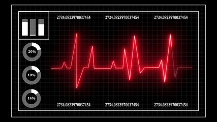 Data chart with financial pulse visualization. Digital analysis futuristic graphics of dynamic financial data displaying a chart pulse with numerical information on a black background - Powered by Adobe