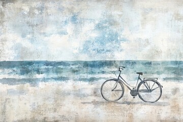 Obraz premium Seascape with bicycle on sandy beach. Watercolor style, vintage feel