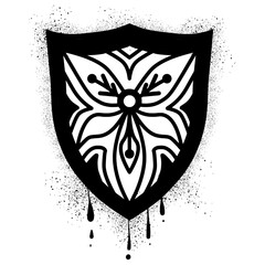 Ethnic tribal shield with spray paint graffiti. Tribal shield graffiti with abstract floral ornament