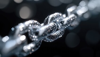 Close-up of a metallic chain link, glistening with droplets