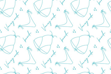 Minimal seamless pattern with bikini outlines, stars and summer lettering. Hand-drawn turquoise lines on white background. Perfect for beachwear design and summer projects.

