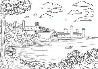 Obraz premium Castello Medievale sul Lago: Schizzo in Bianco e Nero