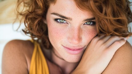 Fototapeta premium Close-up of a young woman with curly red hair and bright blue eyes, looking confidently at the camera