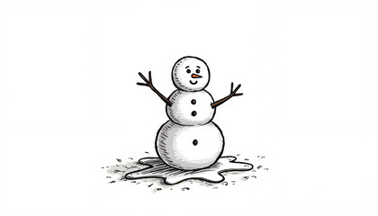 Cartoon snowman melting in puddle on white background