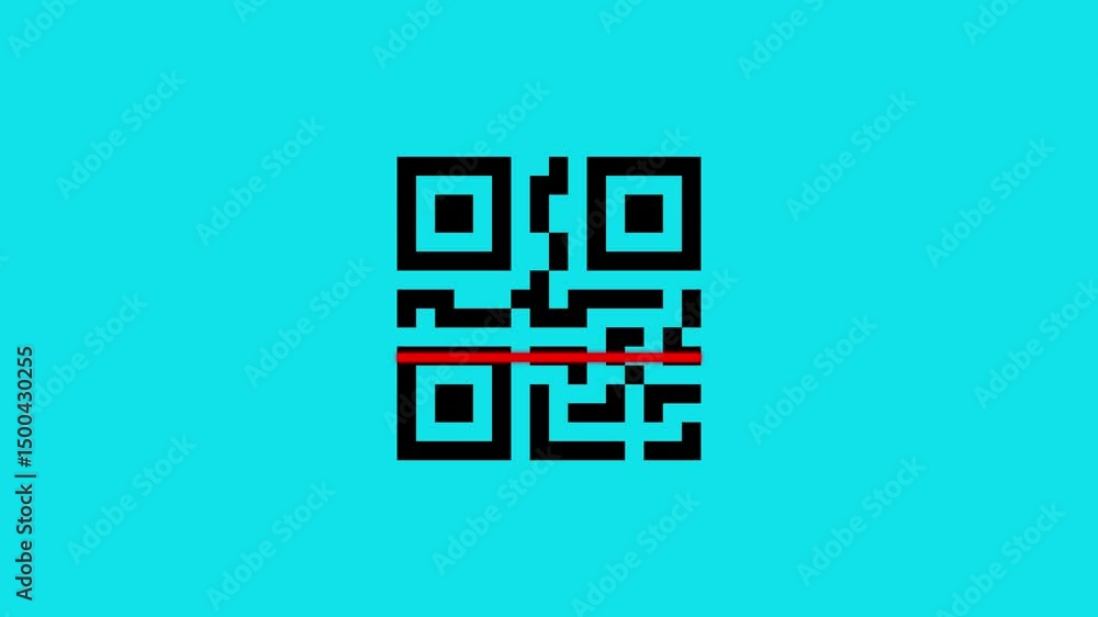 Poster red laser scanning qr code on bright cyan backdrop. animated scanning qr code with a red laser on a 