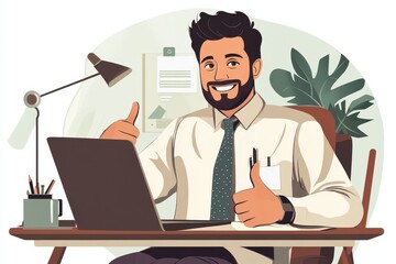 Professional Man in Quarantine: Working Remotely in Shirt and Tie with Pajama Pants, Giving a Thumbs Up While Using Laptop