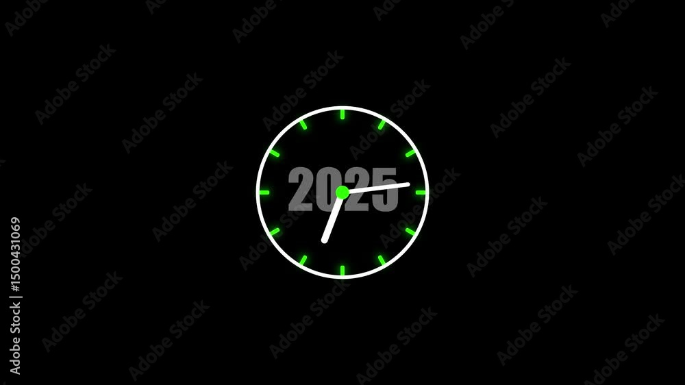 Poster clock displaying 2025 countdown with green numbers. animated clock displays year 2025 futuristic cou