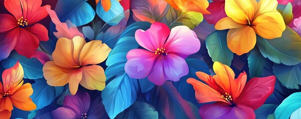 Vibrant floral explosion of colorful hibiscus flowers and tropical leaves