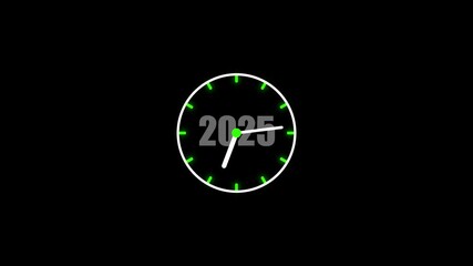 Clock displaying 2025 countdown with green numbers. Animated clock displays year 2025 futuristic countdown on a black background with glowing green numbers and markers representing time passing - Powered by Adobe