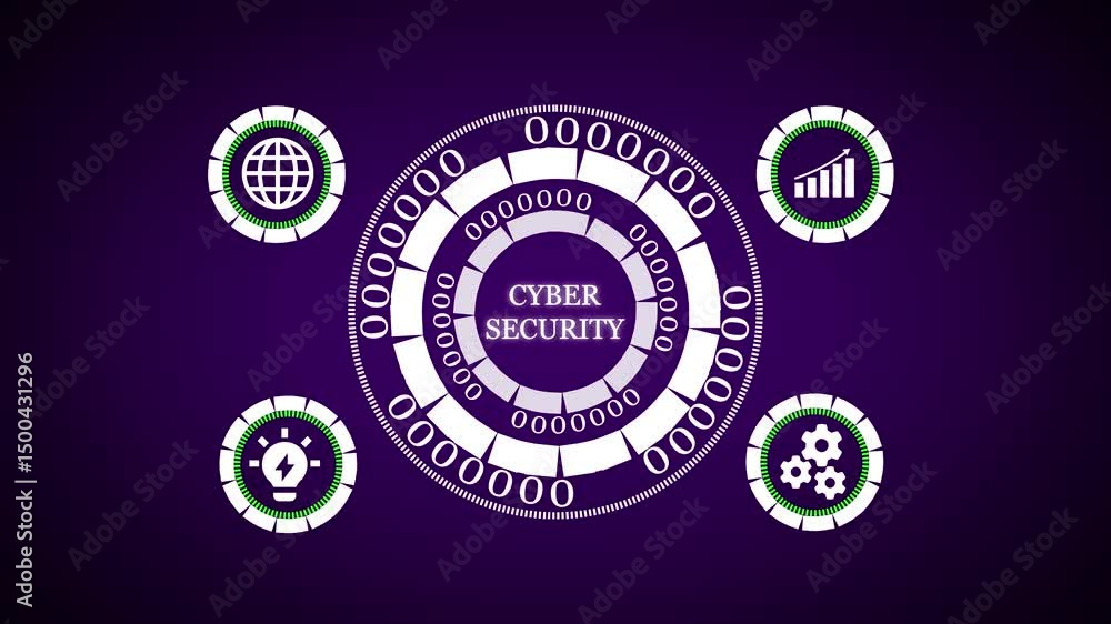 Poster protecting data through digital intelligence. cyber security concept featuring animated icons and di