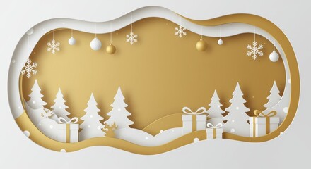 Christmas Holiday Background with Gold and White Paper Cut Decorations