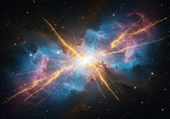 Obraz premium Cosmic Nebula Illustration Featuring Blue Pink and Yellow Hues and Star Clusters