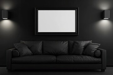 A minimalist black room features a black leather sofa centered beneath a large blank framed picture, flanked by illuminated wall sconces