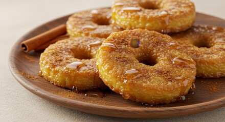 Delicious Golden Brown Donuts On Wooden Plate With Cinnamon Sticks Photo