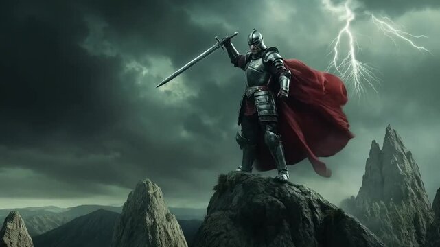 A knight stands atop a rock, gripping his sword with honor and unwavering determination.
