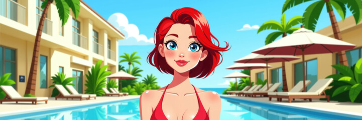 Beautiful colorful illustration of a cheerful red-haired woman with a curvy figure, wearing a red bikini, standing by a resort pool surrounded by palm trees and lounge chairs.